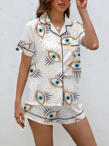 Women's Demon Eye Print Pyjama Set, Short Sleeve Button-Up Top & Elastic Shorts, Casual Fashion Sleepwear for All Seasons
