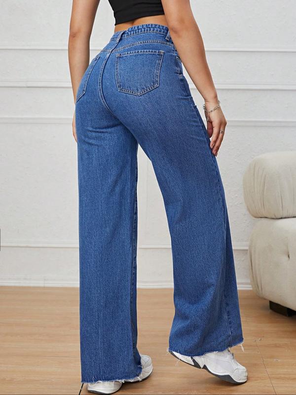 Women's Vintage Denim Jeans, Diagonal Button Design, Ultra-Long Straight Wide Leg, Casual Style, All Seasons Daily Wear