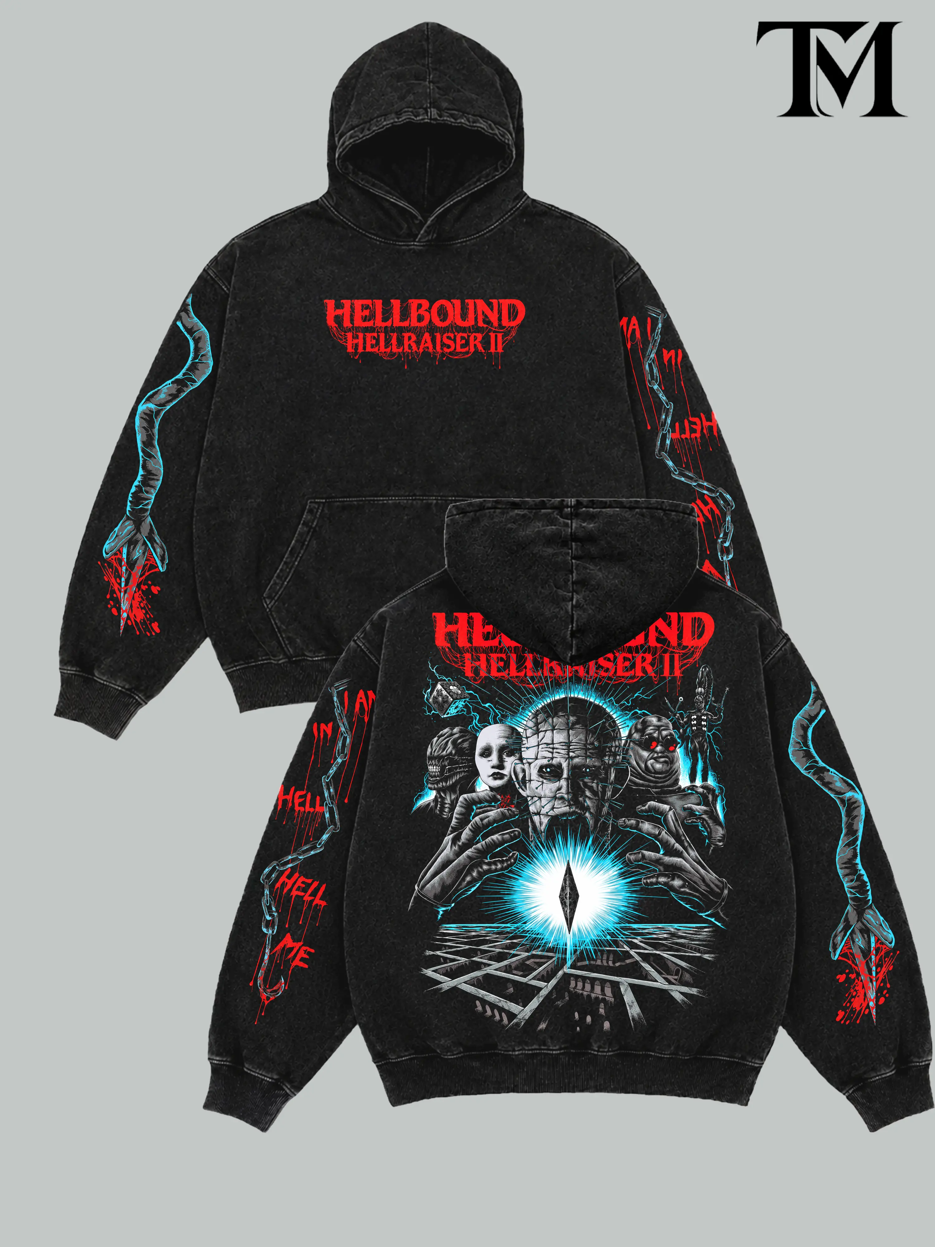 Hellbound Hellraiser II Vintage Washed Oversized Hoodie &Tshirt, Double-Sided Horror Movie Graphic Pullover, Sleeve Print Gothic Streetwear, Retro 80s Cult Horror Unisex Hooded Top, Halloween Fan Gift