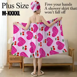 Pink Heart Cherry Print Bath Skirt & Hair Towel Set, Plus Size M-XXXXL, Premium Microfiber Soft Absorbent, Non-Slip Adjustable Shower Wrap, Multi-Use Spa Robe, Ideal for Valentine's Day, Bathroom, Pool & Beach