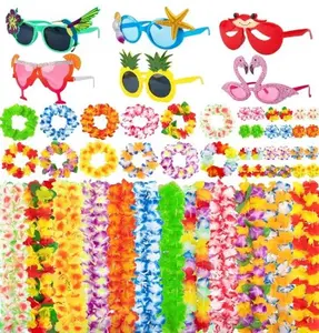 54pcs Hawaiian Glasses Leis Luau Party Decorations, 6 Hawaiian Luau Glasses and 48 Hawaiian Leis Necklaces Headbands Wristbands Tropical Funny Summer Beach Party Favor Hawaiian Party Supplies Accessories Flower Set Masks Set Masks