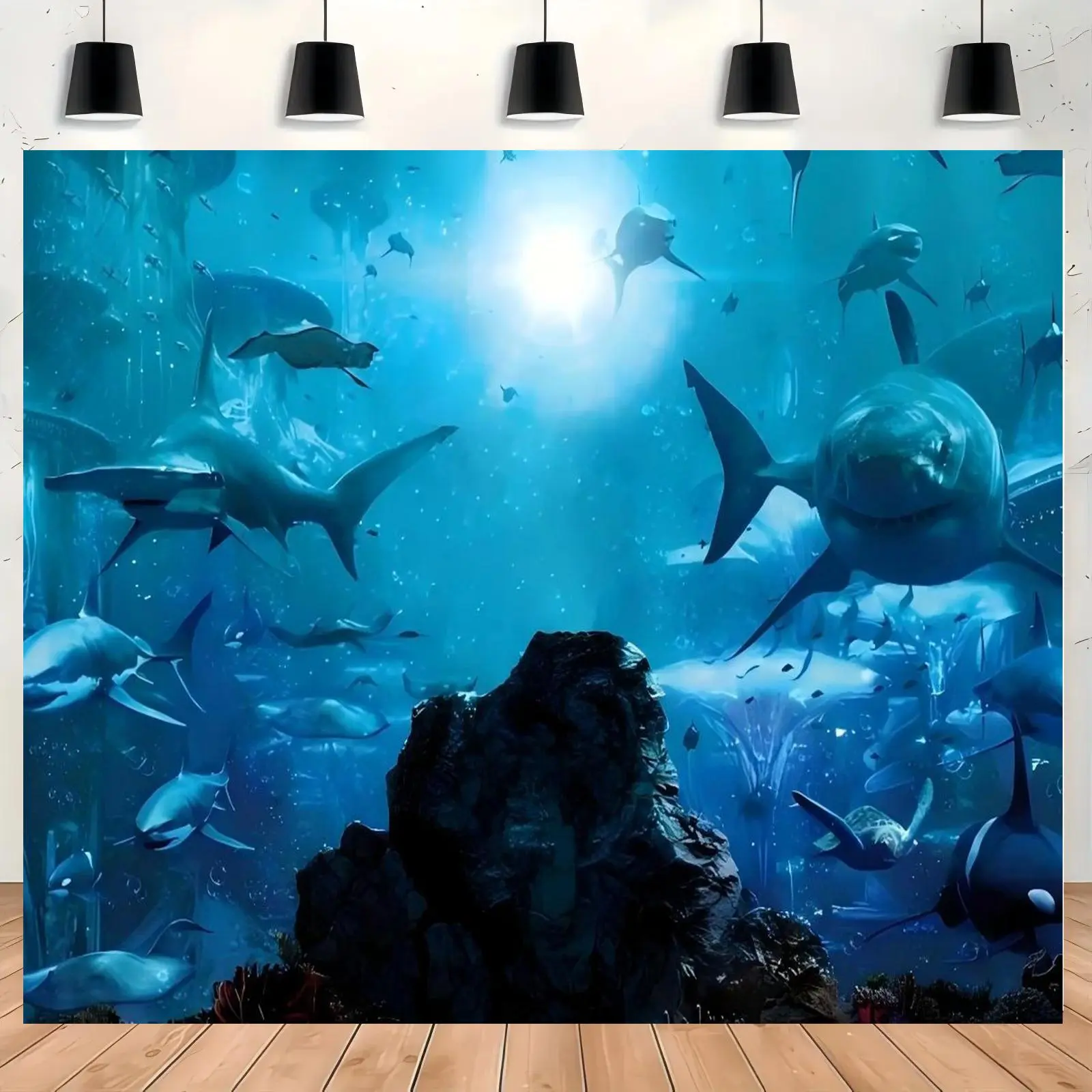 Underwater Shark Theme Party Banner, 1 Count Polyester Material Party Backdrop, Photo and Photography Prop Background Cloth, Home Background Decoration
