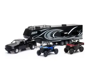 NewRay Toys Die cast Pick up Truck with Toy Hauler and 2 Polaris Vehicles (Blue RZR and red Ranger)