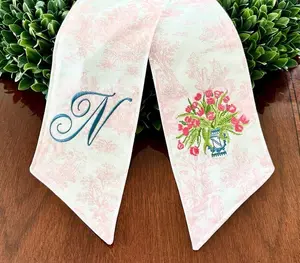 personalized pink spring tulip toile wreath sash for front door, custom chinoiserie monogram wreath scarf, hostess gift swag