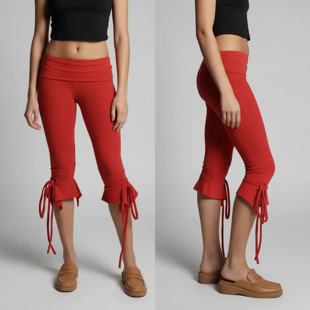 Women's Ruffled Capri Leggings - Street & Casual Wear, High-Waisted Fold-Over Waistband & Drawstring Ruffle Hem, Y2K Trendy Style for Summer Outings