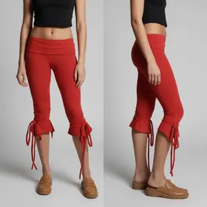 Women's Ruffled Capri Leggings - Street & Casual Wear, High-Waisted Fold-Over Waistband & Drawstring Ruffle Hem, Y2K Trendy Style for Summer Outings