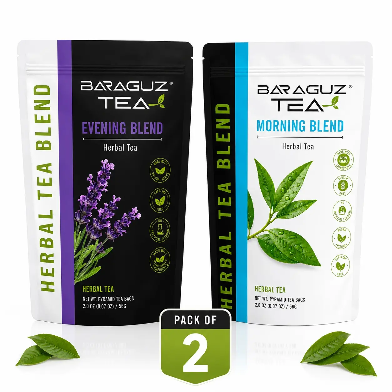 Baraguz Day & Evening Herbal Tea Set | 56 Pyramid Tea Bags | Botanical Herbal Tea Collection | 28-Day Supply
