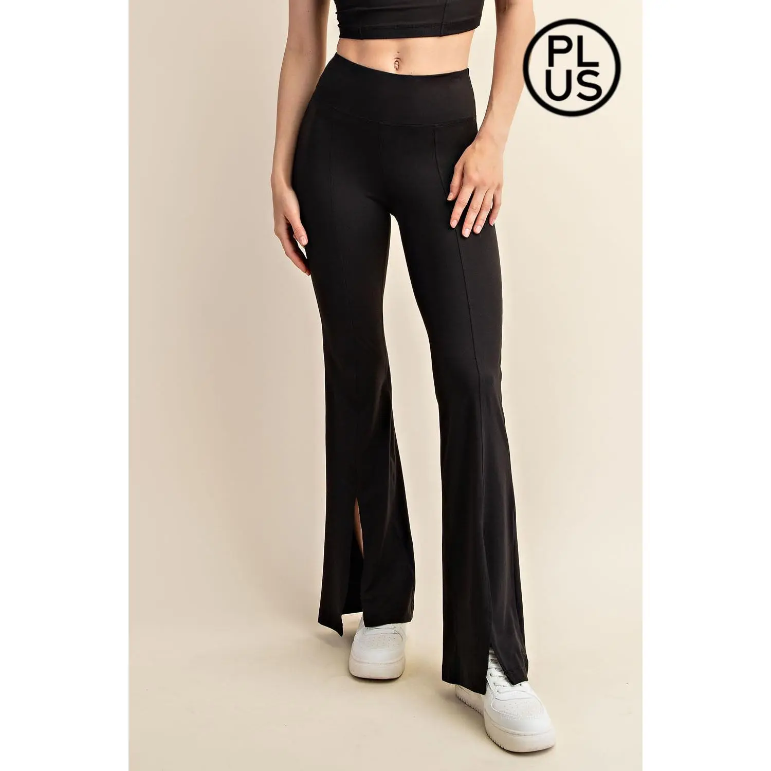Rae Mode Black High Waist Full Length Flared Leggings with Front Slit