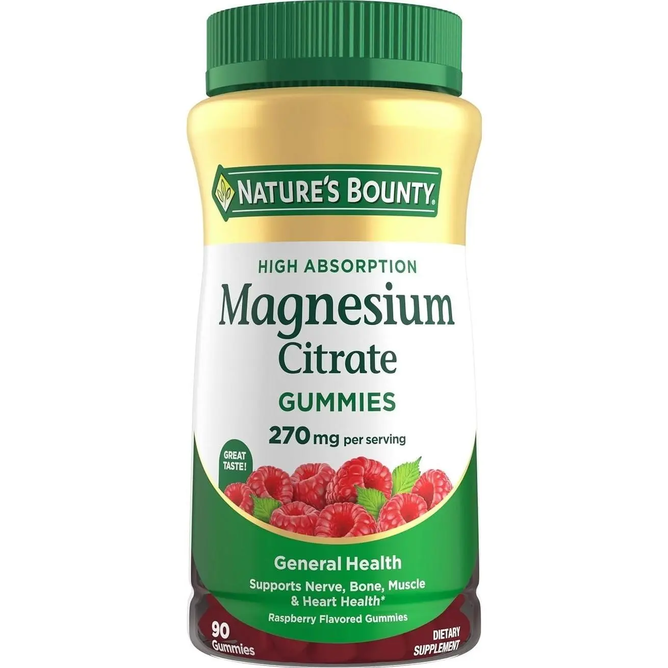 Nature's Bounty Magnesium Citrate Gummies for Adults, Supports General Health, Bone, Nerve, Muscle & Heart Health Support, 270mg per Serving, Vegan, Non-GMO - Raspberry 90 Count