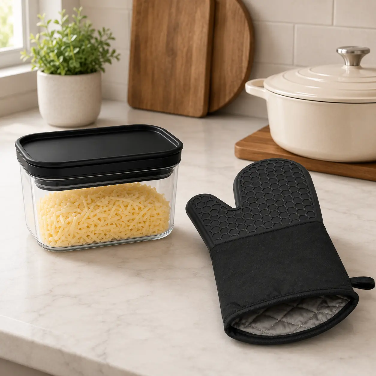 3-in-1 Transparent Glass Cheese Grater Storage Container with Detachable Grater Insert + 1 Long Cuff Honeycomb Silicone Oven Mitt, Washable Reusable Kitchen Prep Set for Cheese Baking, Heat-Resistant Anti-Scald Glove & Fridge Food Storage Box