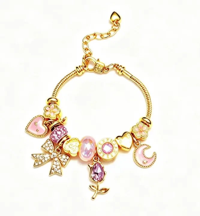 Pink Moon Bow Rose Gold Snake Chain Charm Bracelet, Adjustable Dainty Heart Flower Crystal Beads Bangle, Sweet Romantic Jewelry Gift for Women Teen Girls Daily Vacation Matching