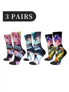 3 Harajuku style cartoon theme K-pop popular band pattern crew socks trendy novel soft and comfortable warm breathable mid-tube socks unisex sports socks daily casual wear versatile suitable for couples friends party holiday gifts