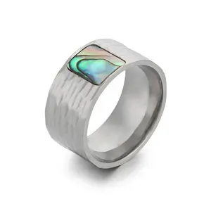 New Fashion Stainless Steel Square Abalone Shell Ring for Men and Women