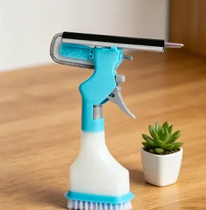 All-in-One 4-in-1 Window Cleaning Tool with Spray, Wipe, Squeegee & Scrub - Streak-Free Glass Cleaner for Home & Bathroom Use