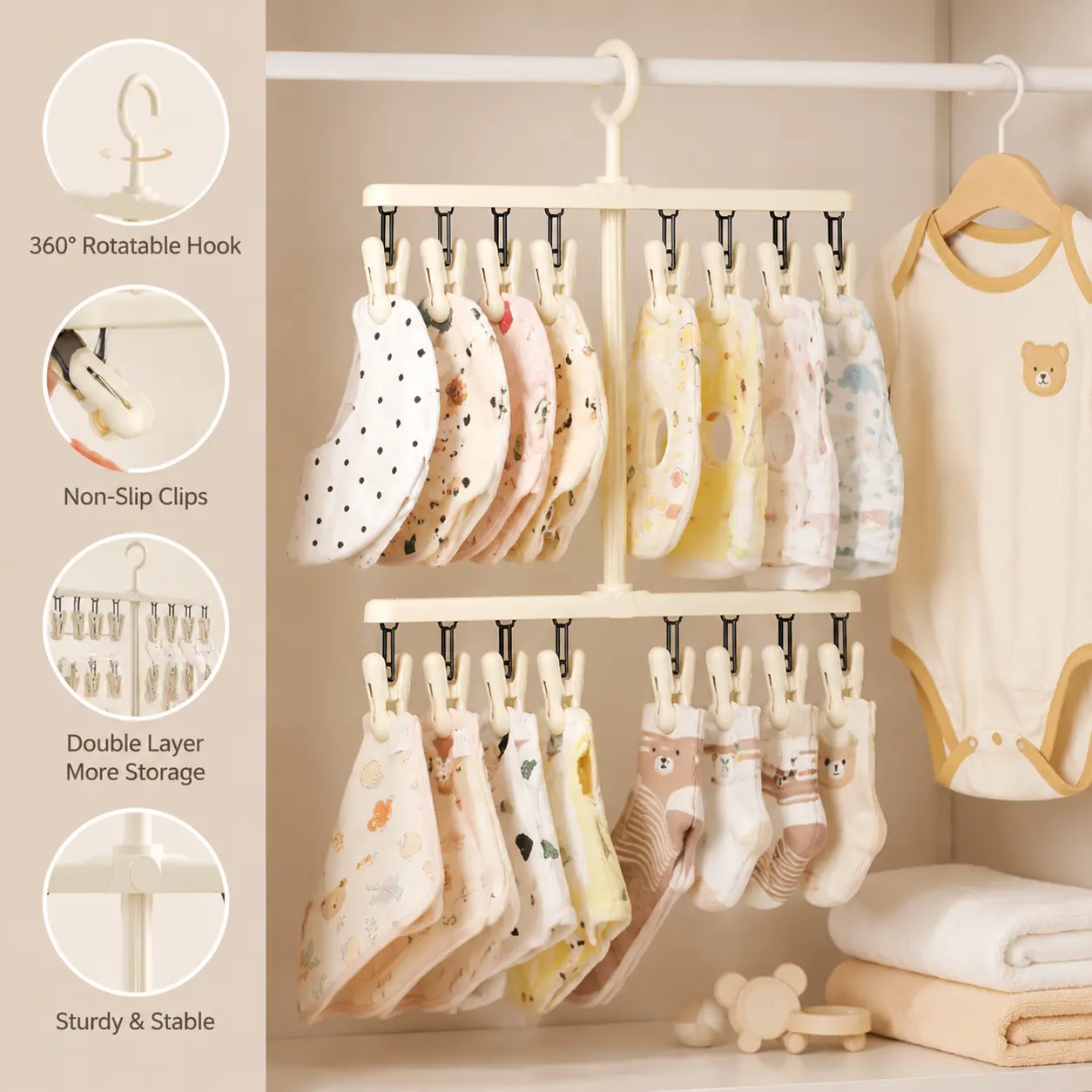 2 Counts, Clothes Drying Hanger with Detachable Non-slip 360 Degree Rotatable Clips for Socks Underwear Small Garment Laundry Use