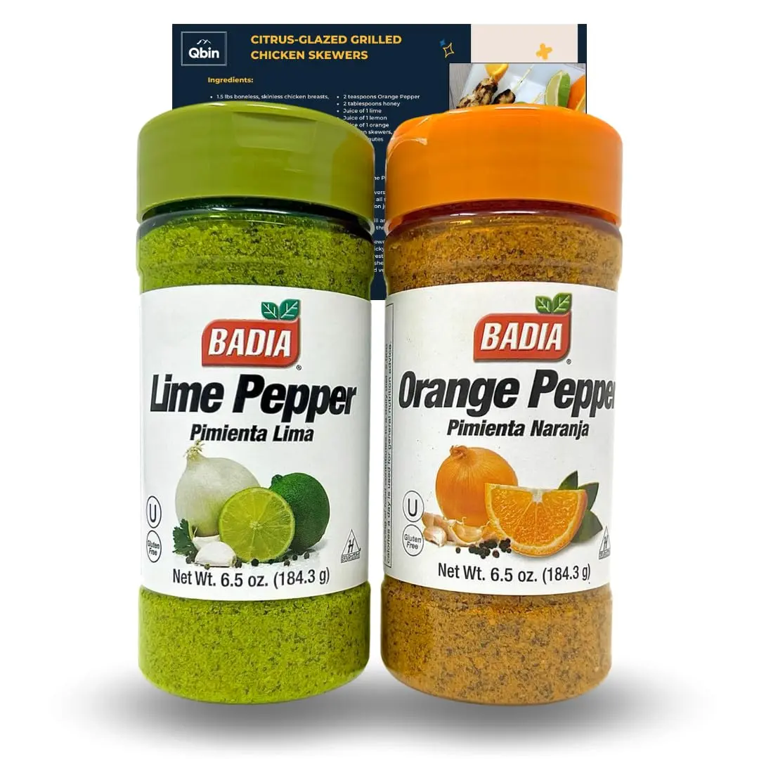 BADIA Healthy Citrus Pepper Gourmet Spice & Seasoning Bundle - 6.5oz Variety Pack, 2 Flavors (Lime, Orange) - Alcohol-Free, Includes QBIN Vegetable Dish Recipe Card - For Cocktails, Culinary Use
