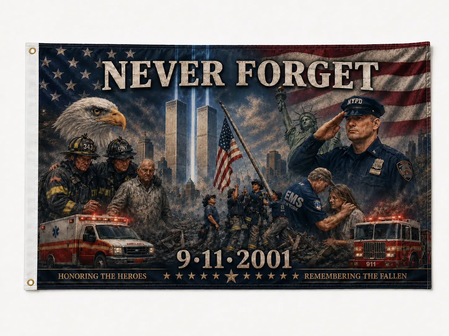 Never Forget 9/11 Memorial Flag Honoring Heroes Remembering the Fallen Patriotic American Wall Banner Firefighter Police Tribute Home Porch Garage Decor