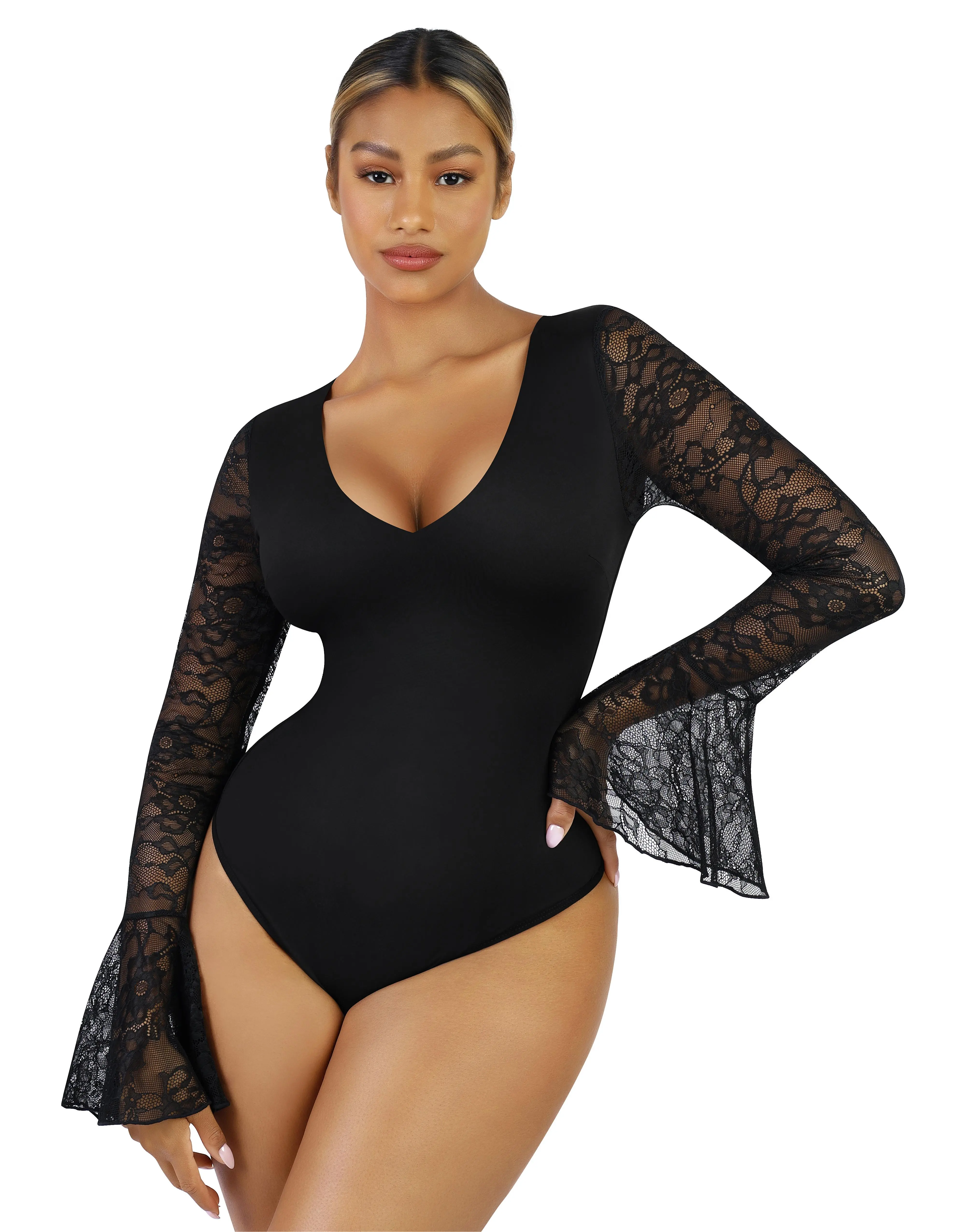 FeelinGirl Deep V Neck Long Bell Sleeve Tops for Tummy Control Thong Sheer Lace Shaper Bodysuit Fabric Womenswear