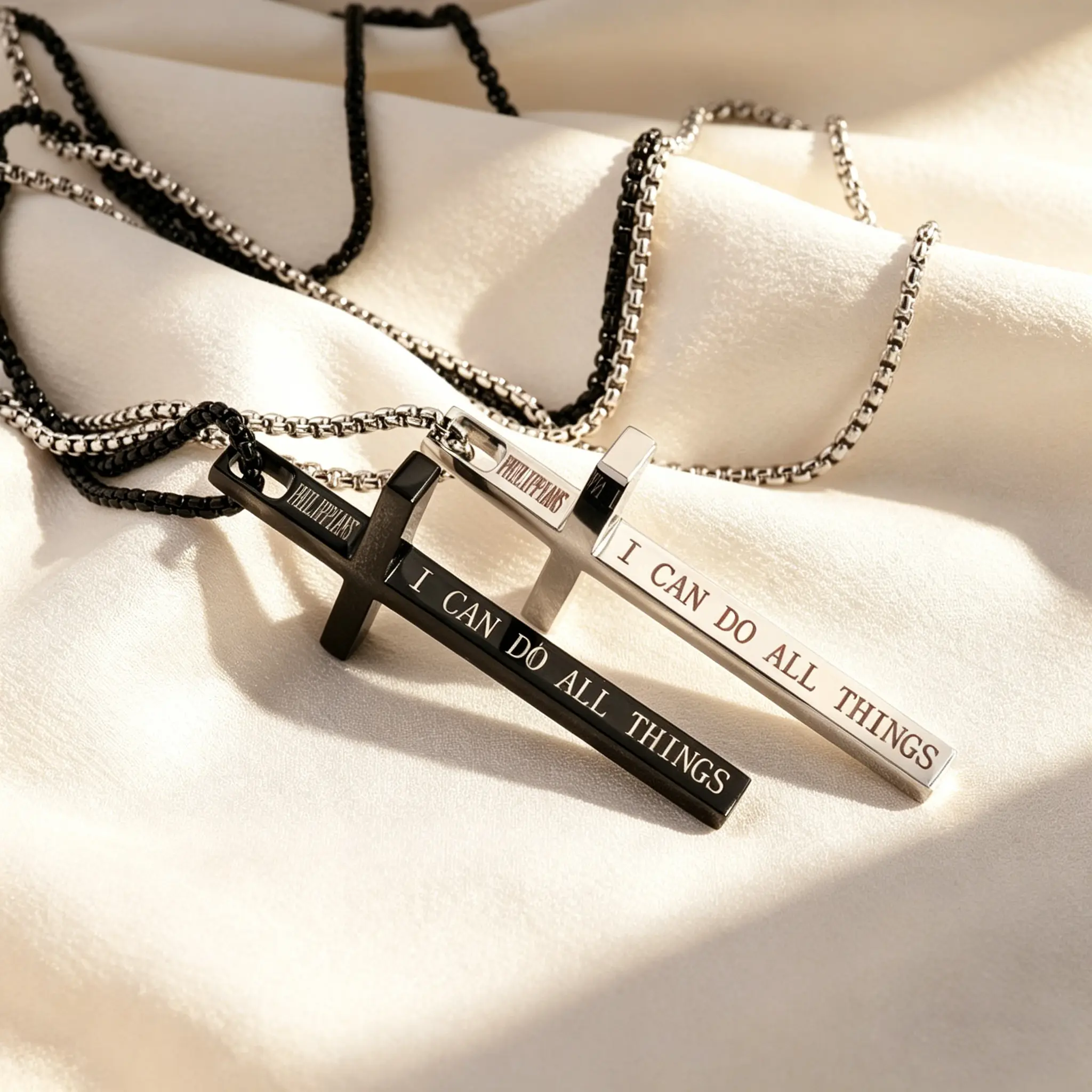 Silver Cross Pendant for Men, Stainless Steel Spiritual Jewelry with 'I Can Do All Things' Engraving, Adjustable Box Chain, Meaningful Christian Gifts, Meaningful Gifts
