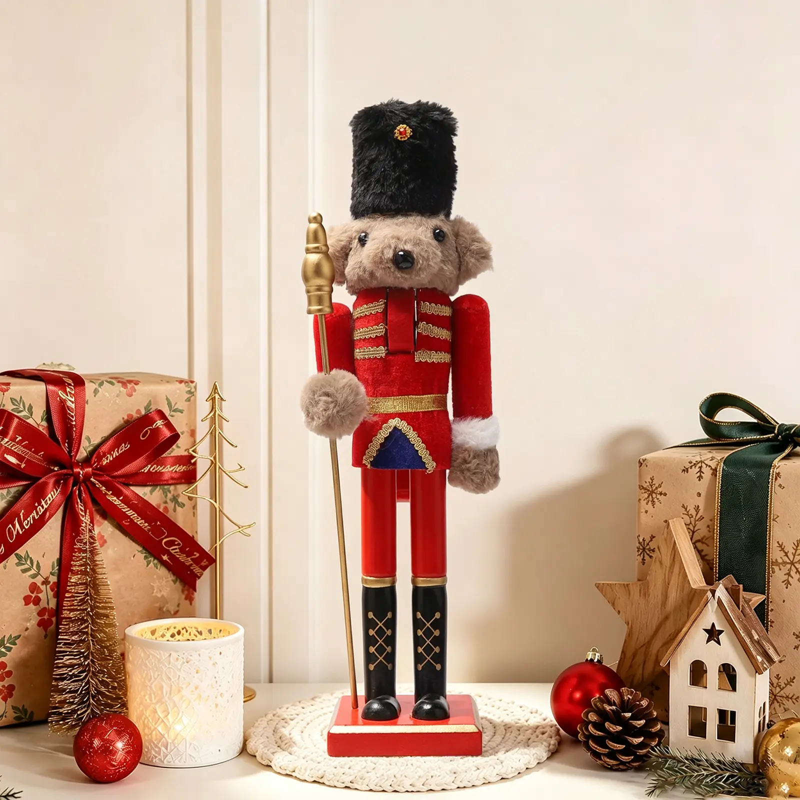 Adorable Teddy Soldier Nutcracker Statue, Unique Christmas Collectible Decoration for Home Party