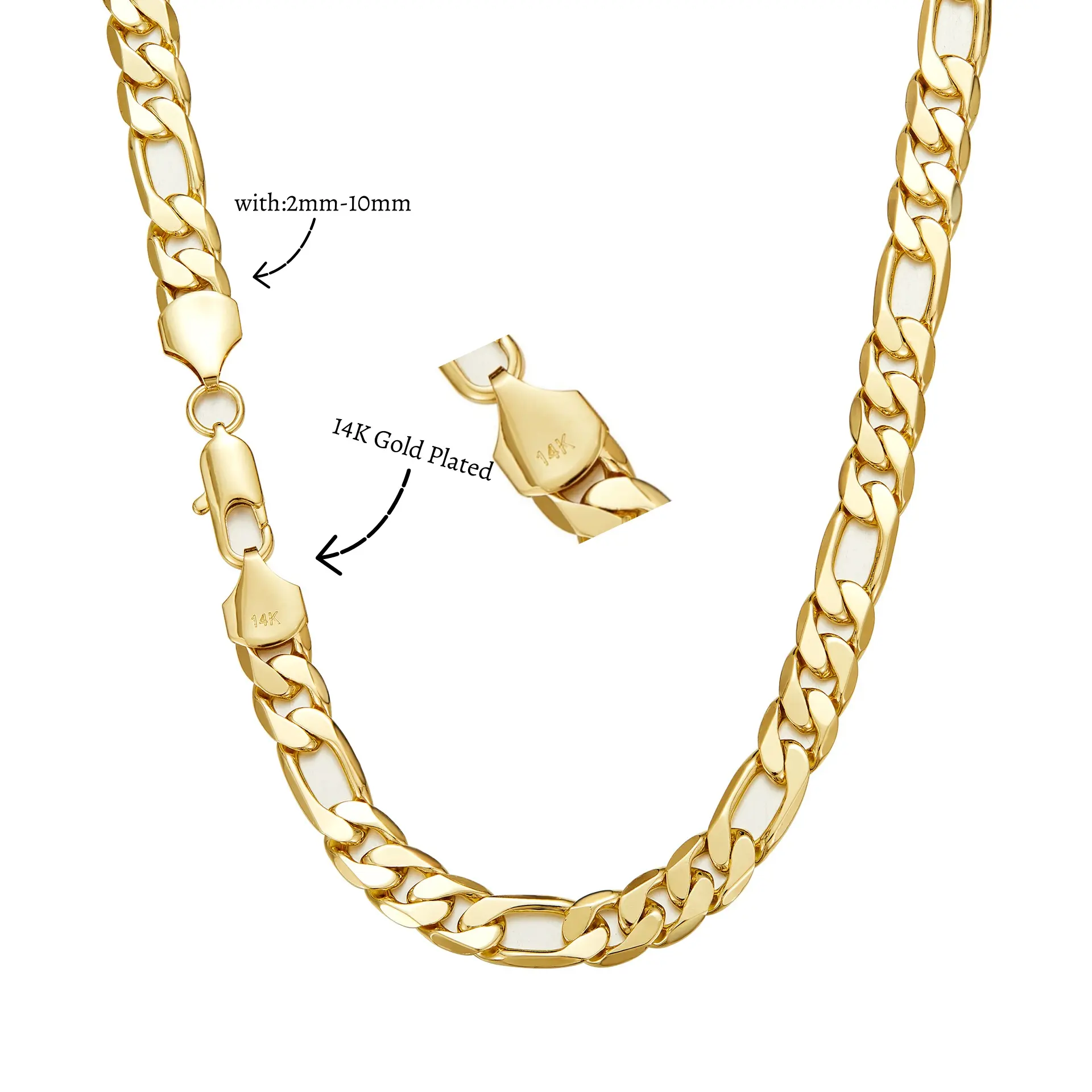 14K Gold Plated Figaro Chain Necklace 2mm/10mm Wide, 24 Italian-Style Link Tarnish Resistant Hypoallergenic Necklace  with Nanotech Coating Minimalist Layering Gift for Him and Her hip-hop jewelry Gold Choker