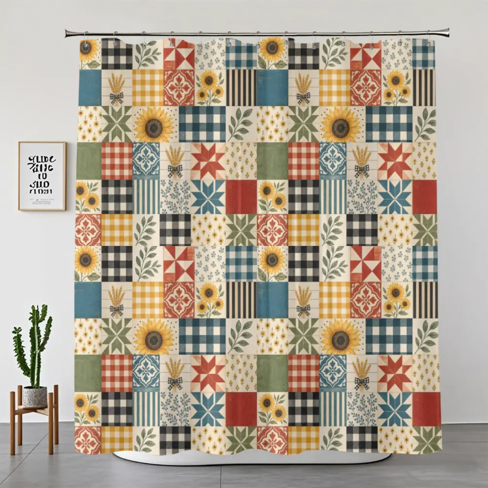 Farmhouse Patchwork Shower Curtain, Sunflower Bathroom Decor, Vintage Quilt Waterproof Shower Curtain, Rustic Country Bathroom Curtain, Buffalo Plaid Floral Bath Decor, Custom Design Available homedecor