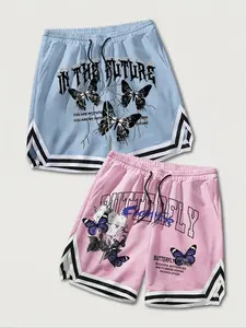 Men's 2-Pack "Butterfly Future & Flower" Streetwear Shorts Set - Thorned Gothic "IN THE FUTURE" & Varsity "BUTTERFLY" Print Drawstring Shorts, Y2K Streetwear Bundle with Striped Hem, Soft Breathable Fabric Loose Fit Athletic Shorts