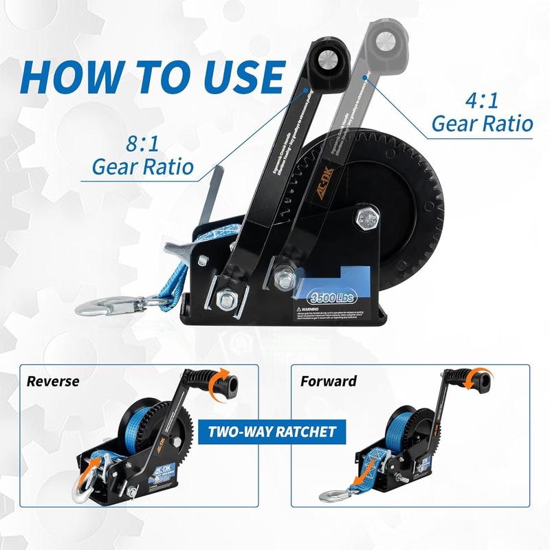 3500lbs Heavy Duty Boat Trailer Winch with 32FT Strap2-Way Ratchet 4:1/8:1 Gear Trailer WinchPortable Hand Crank Winch for Boat, , Trailer, RV, ATV, Jet Ski