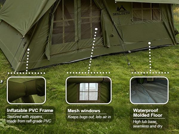 SENLEETO 4-Season Inflatable Family Tent AC Ready with Stove Jack Windproof Oxford Fabric Camping Pump for 8-10 People Spacious Two-Room Layout Foldable Electric Scooter Seat and Storage Stadium Back Support Port Heavy Duty Double Layer Cot Chair Cooler B