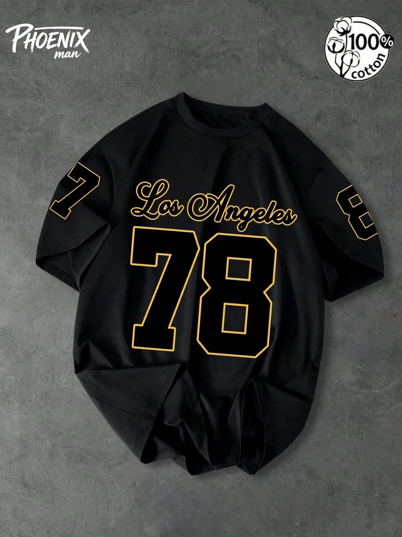 Unisex 100% Cotton Black Oversized T-Shirt with Los Angeles 78 Print American Retro Sportswear Cotton Sports Tops Streetwear Top