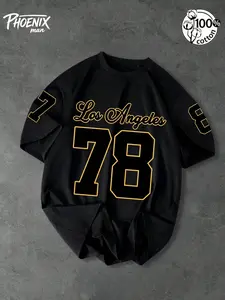 Unisex 100% Cotton Black Oversized T-Shirt with Los Angeles 78 Print American Retro Sportswear Streetwear Top