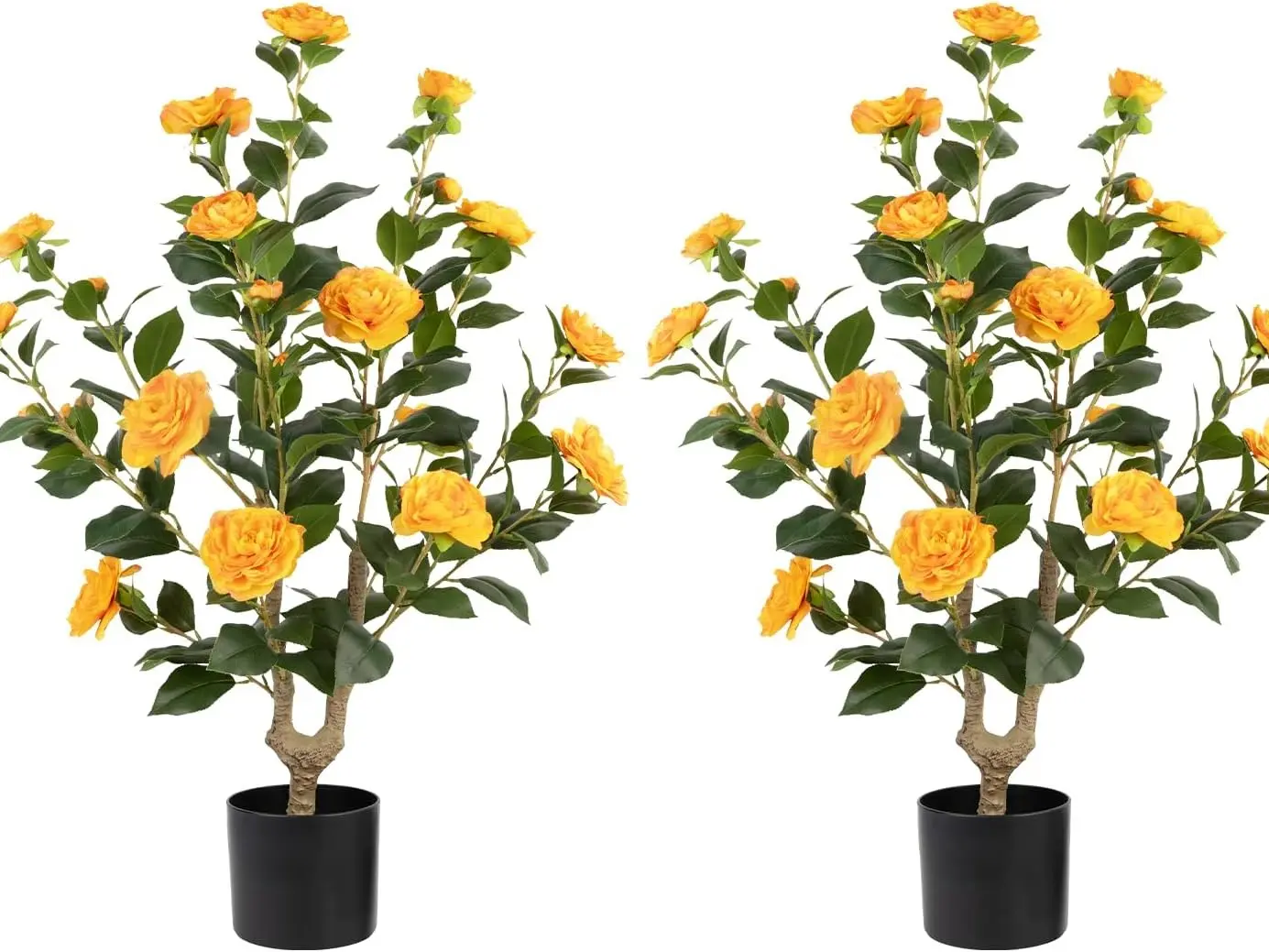 Artificial Camellia Tree 2 Pack - Realistic Camellia Plants in Pot with Orange Flowers, Lifelike Faux Greenery for Living Room, Patio, or Wedding, Orange