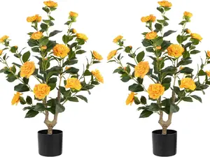 Artificial Camellia Tree 2 Pack - Realistic Camellia Plants in Pot with Orange Flowers, Lifelike Faux Greenery for Living Room, Patio, or Wedding, Orange
