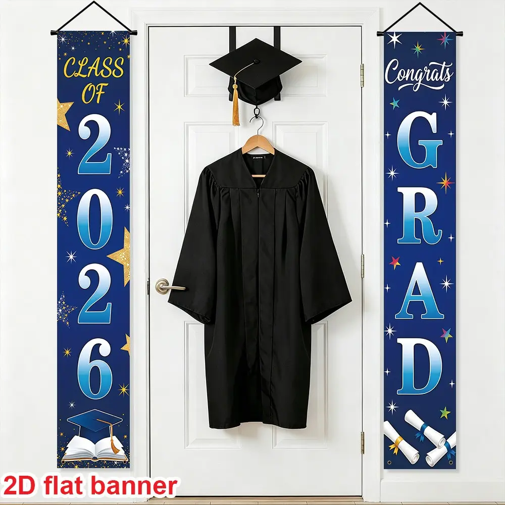Graduation Party Banner Set, Blue Background with Stars, Graduation Caps, Diplomas, Books Design, Polyester, Indoor Outdoor Decoration, Party Decoration Supplies
