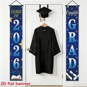 Graduation Party Banner Set, Blue Background with Stars, Graduation Caps, Diplomas, Books Design, Polyester, Indoor Outdoor Decoration, Party Decoration Supplies