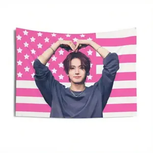 2D Flat 1pc Enha Kpop Concert Banner Suitable For  - Heeseung Cute Pink American Flag & ENHA Text - Kpop Fan Celebr1ation  Banner Tour Merchandise For Concerts Parties Decor - Durable Soft Fabric Kpop Aesthetic Collectible ， cool stuff for room tapestry