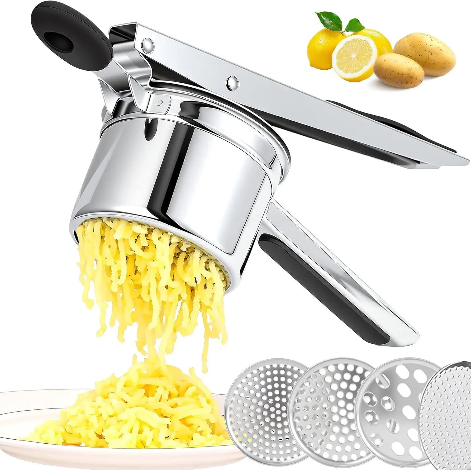 Stainless Steel Potato Masher - 4-in-1 Manual Kitchen Tool with Fruit Vegetable Press, Lemon Juicer, Fruit Squeezer, Puree Maker and Draining Function, Kitchen Utensil Gadget