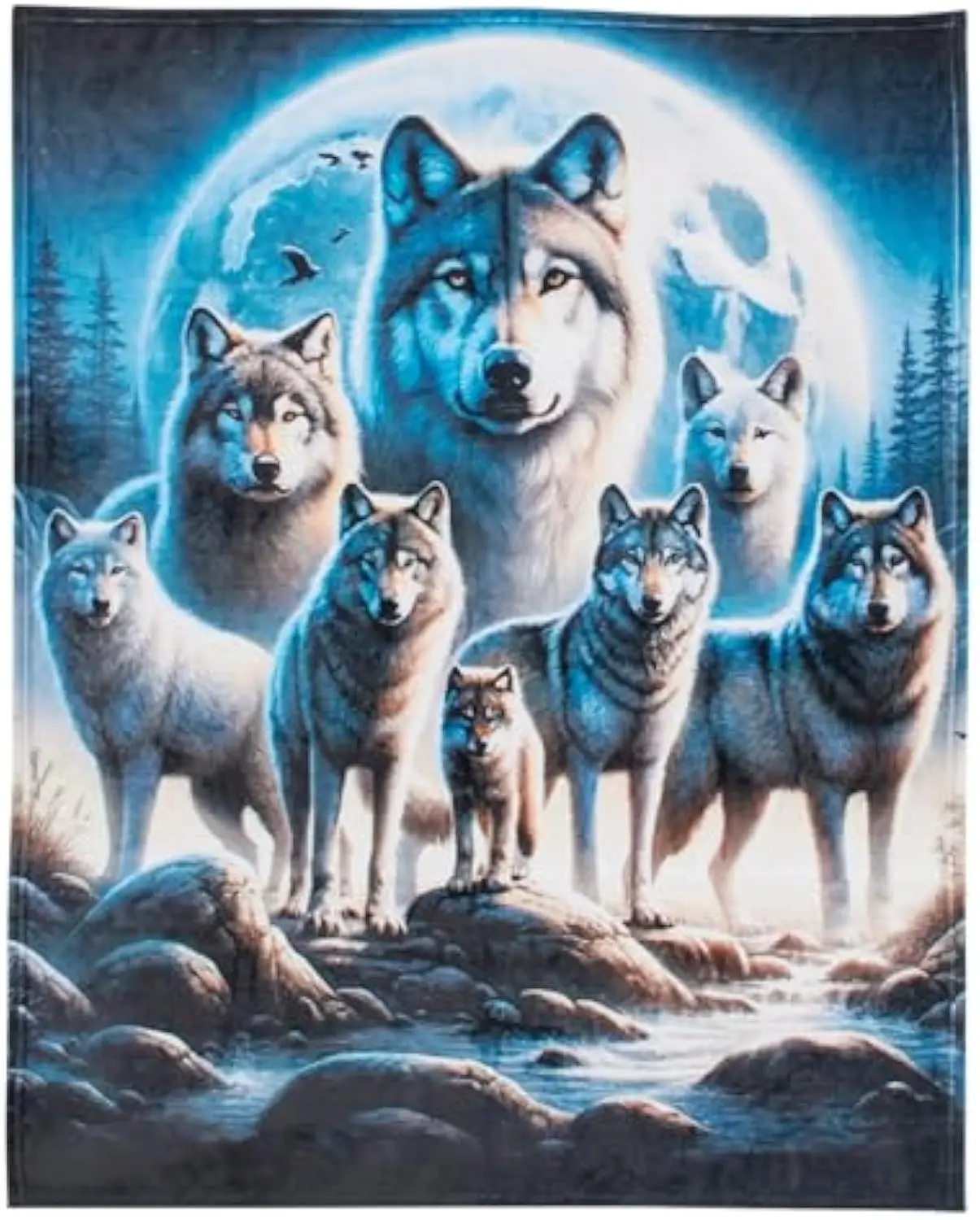 Eyesoul Dawhud Direct Wolf Fleece Blanket - Soft Plush, Cozy Throw for Kids and Adults - Throw Blanket with Pack of Wolves Over Forest Print, Ideal for Beds, Couches, and Travel