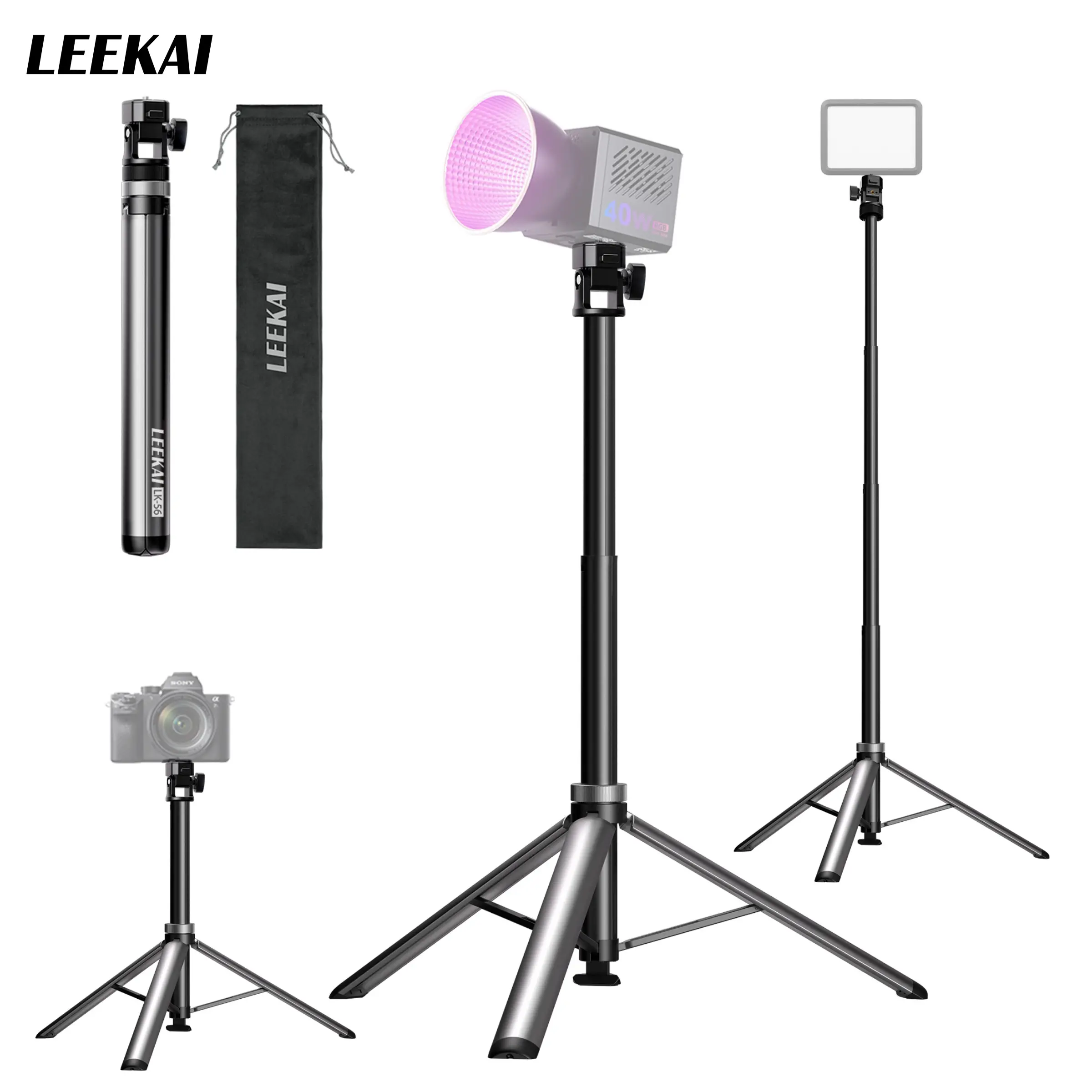 Leekai LK56 Auto Opened Light Stand, 83.9''/213cm Aluminum Alloy Adjustable Tripod, Extendable Camera Phone Tripod with Extra 1/4" Screw for Travel, DSLR Camera, Ring Light, Video Rig, Max Load 20 lbs Smartphone Selfie Accessory