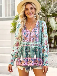 A women's floral V-neck tie-front floral wide-sleeved shirt with long sleeves, featuring a vacation style, suitable for outings and traveling as well as for commuting and going to work.