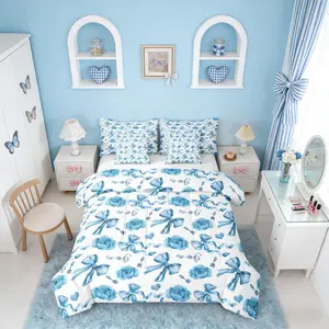 Floral Bow Comforter Bed Set with Sheets,Rosy 7 Piece Bedding Set,Kids Girls Boys Bowknot Ribbon Heart Love Cosmetic Lipstick White Blue Lightweight Bed Set