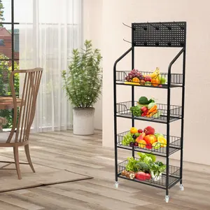 4 Tier Rolling Snack Rack Display Stand with Wheels & Hooks, Adjustable Black Metal Storage for Store Kitchen Bakery Supermarket Organizer