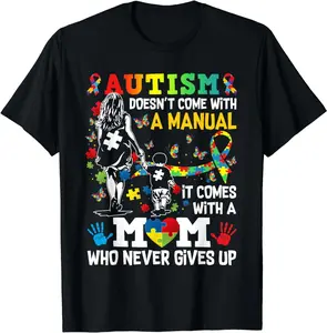 100% Cotton Men's Short-Sleeve Round Neck Casual T-Shirt, Autism Mom Awareness Top (No Manual Included)