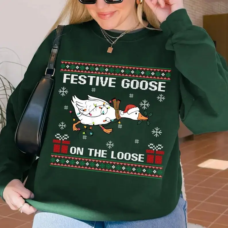 Festive Goose on the Loose Christmas Sweatshirt, Funny Goose Holiday, Cute Xmas Duck, Silly Goose hoodie, Xmas Gift For Her