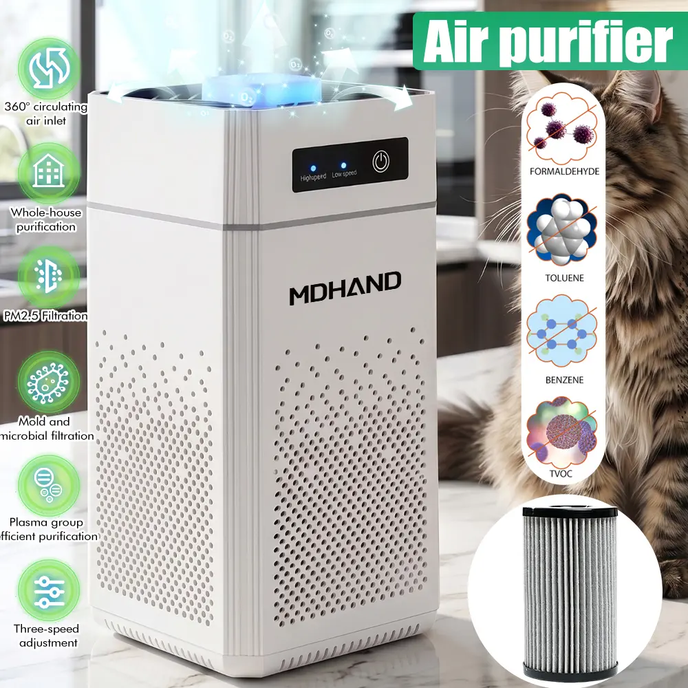 MDHAND Air Purifier, Negative Ion & UV Sterilization, Nano Composite HEPA Filter Remove Formaldehyde, PM2.5, Pet Odor, Allergens & Mold, Ultra Quiet Portable Air Cleaner for Bedrooms & Large Living Rooms