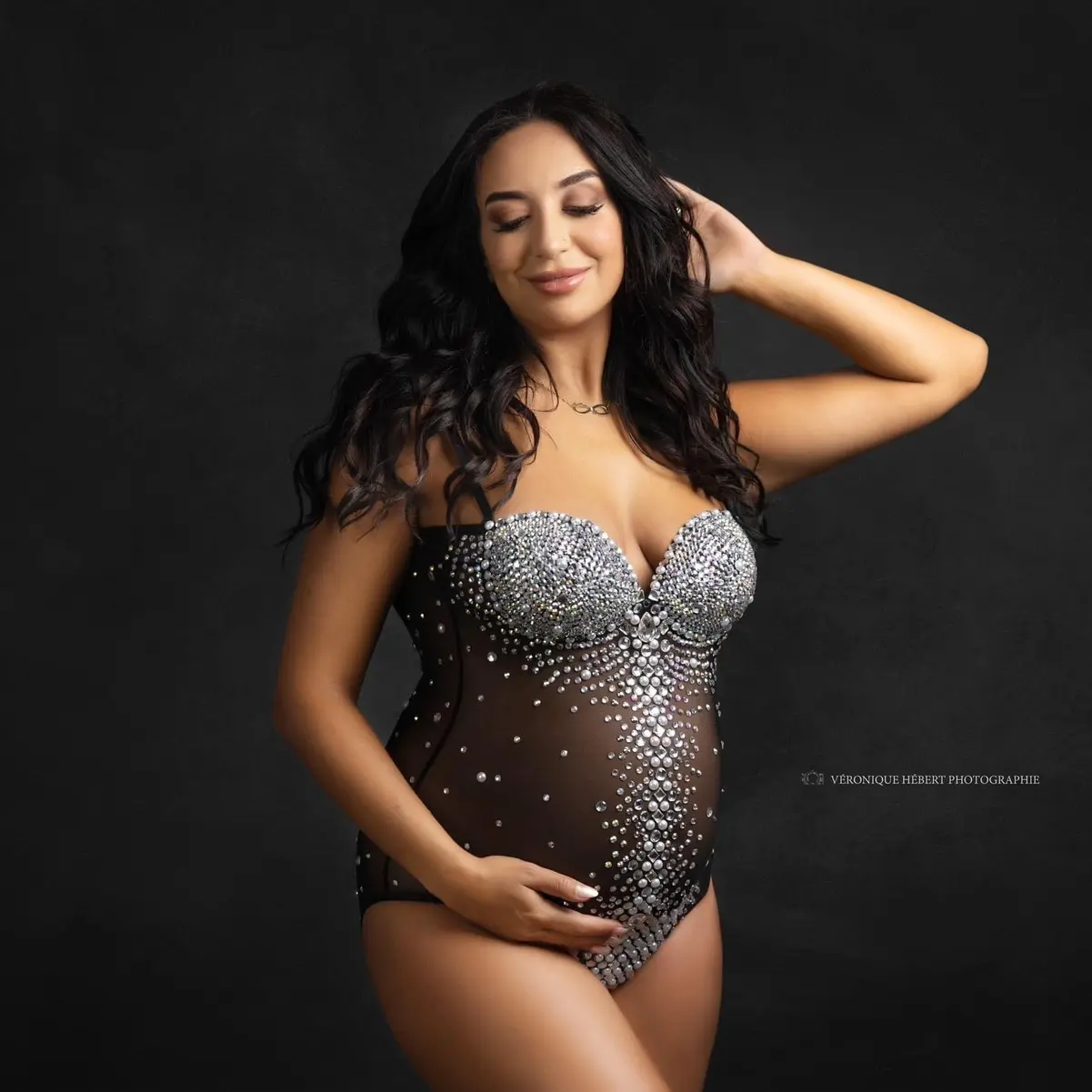 Black Rhinestone Bodysuit for Maternity and Non-Maternity Wear Perfect for Photoshoots