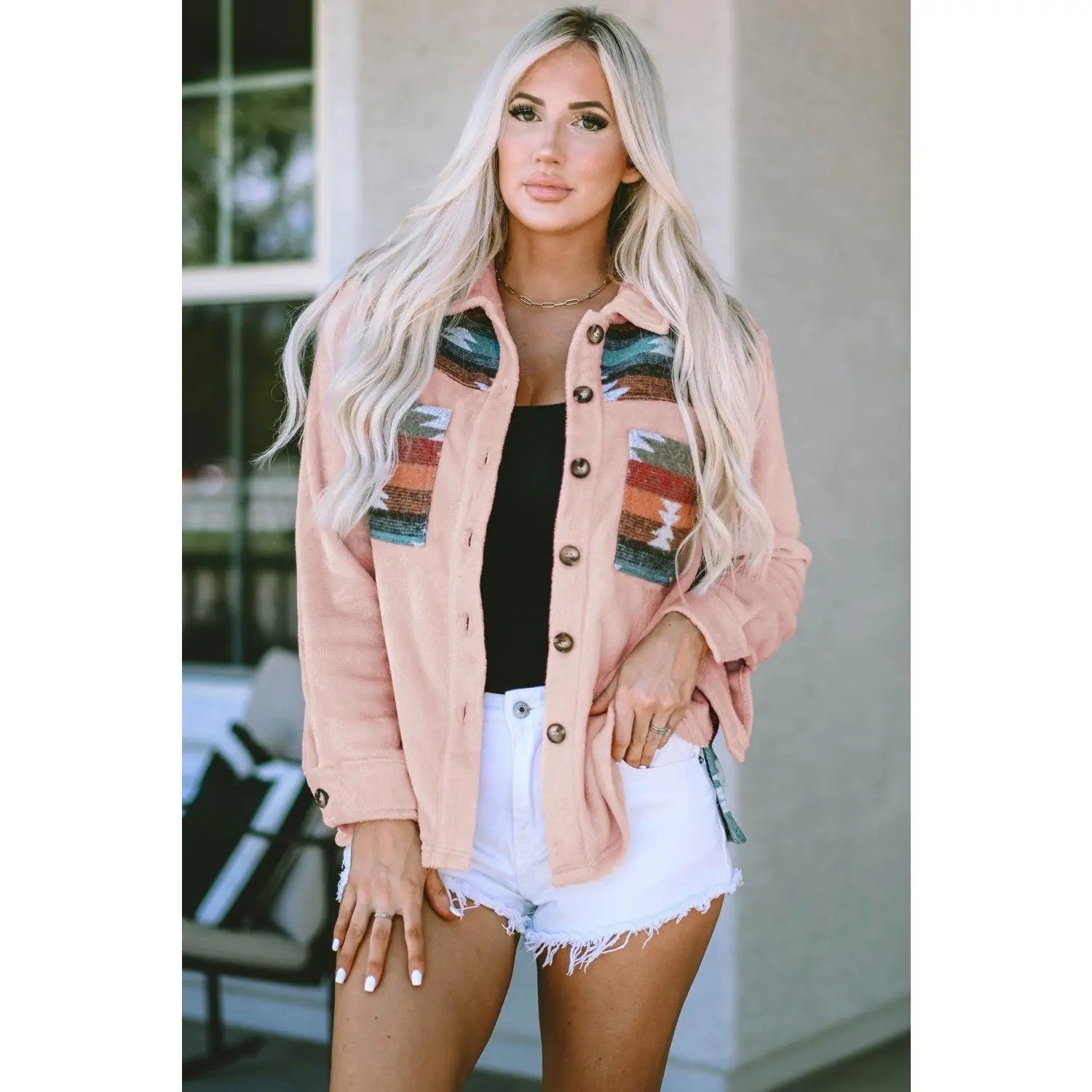 Apricot Western Aztec Patchwork Button-up Shirt Jacket