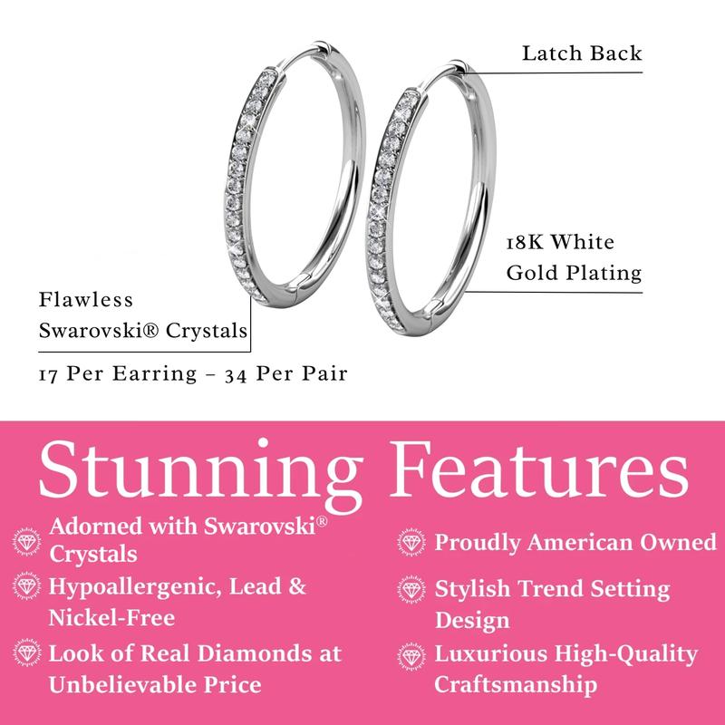 Cate & Chloe Bianca 18k White Gold Plated 25mm Hoop Earrings for Women – 34 Simulated Diamond Crystal Hoops – Hypoallergenic, Lead & Nickel Free Lightweight Earrings with Secure Latch Back – Premium Gift Box Included, American Owned Brand