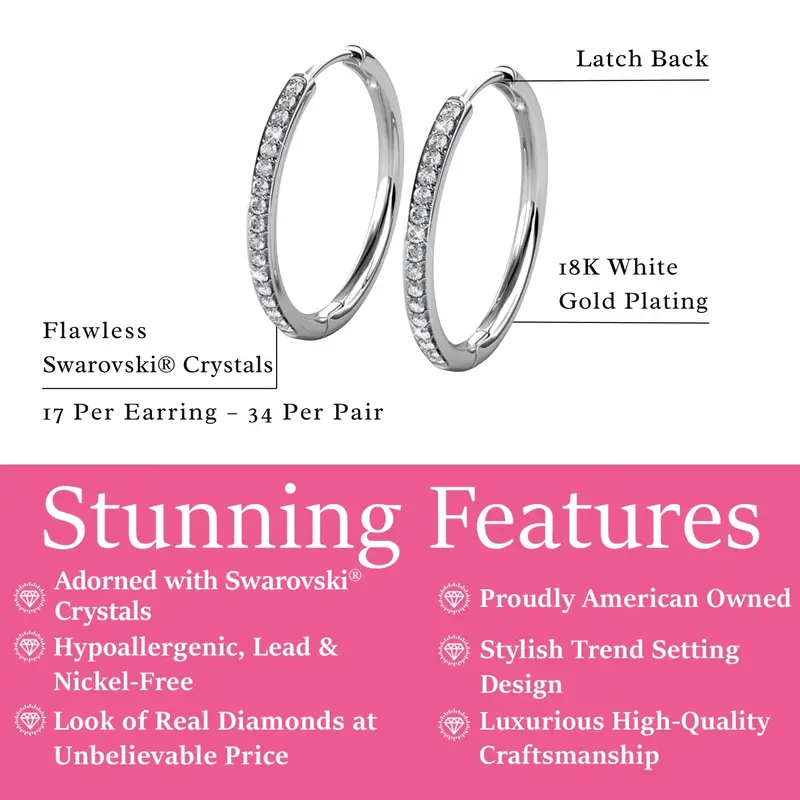 Cate & Chloe Bianca 18k White Gold Plated 25mm Hoop Earrings for Women – 34 Simulated Diamond Crystal Hoops – Hypoallergenic, Lead & Nickel Free Lightweight Earrings with Secure Latch Back – Premium Gift Box Included, American Owned Brand 2