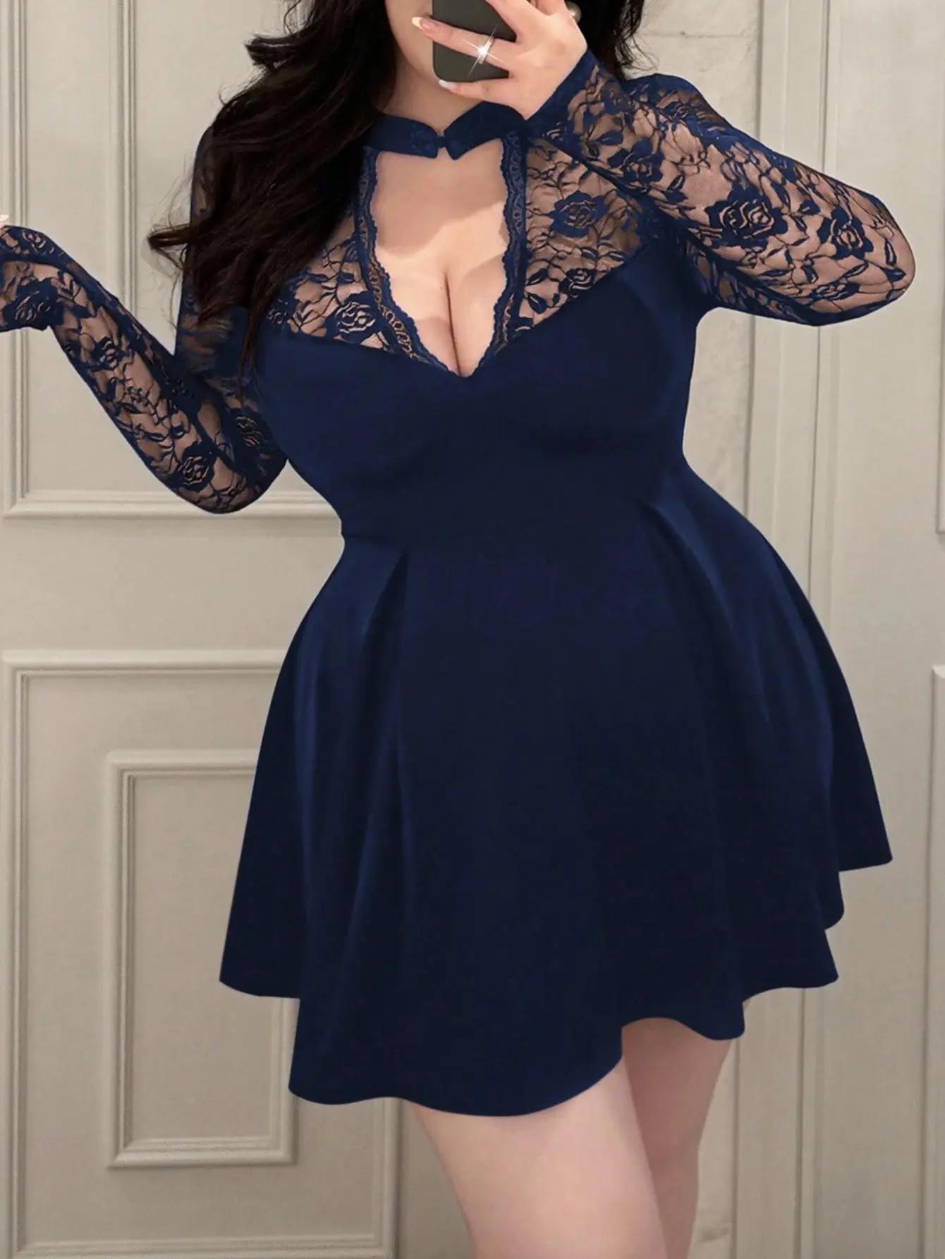 Vibekara Plus Size V-Neck Cheongsam Collar Button Lace Sheer Floral Trim  Long Sleeve High Stretch Elegant Patchwork A-Line Knee-Length Black  Vacation Party Cocktail Dress For Women Fall Cloth For Women - TikTok